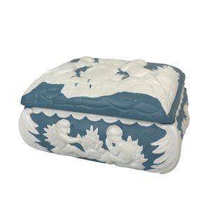 Vintage 1970s Hand Painted Ceramic Lidded Trinket Box Cherubs Angels Blue White